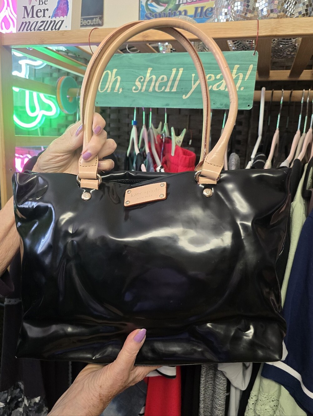 #0639 🧜♀️ KATE SPADE Black Large Satchel w/Natural 9"Dbl Handles 15.5x10x4